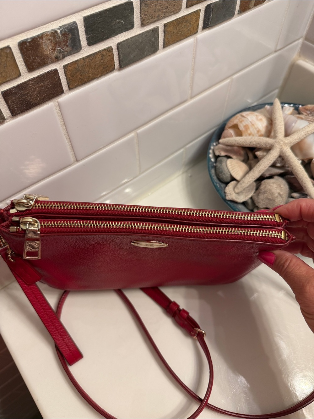 Coach Red Leather Crossbody Bag with Gold Accent - Picture 5 of 11